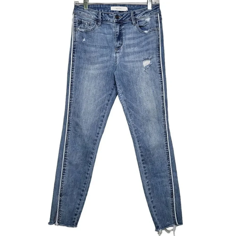 Hidden Distressed Side Piping Fringe Raw Hem Jean Denim Size 28